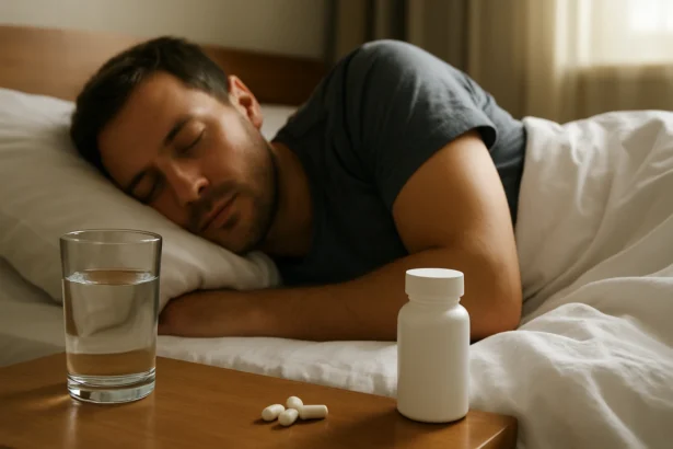Muž spí vedľa pohára vody a tabliet s magnéziom