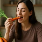 Žena si vychutnáva čerstvú mrkvu v kuchyni.