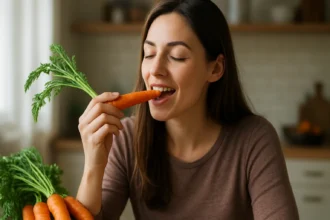 Žena si vychutnáva čerstvú mrkvu v kuchyni.
