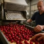 Strojové odstraňovanie čerešňových kôstok v spracovateľskom závode.