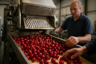 Strojové odstraňovanie čerešňových kôstok v spracovateľskom závode.