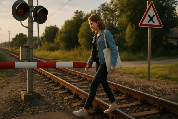 Žena prechádzajúca cez železničné priecestie so signalizáciou.