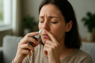 Žena používa nosový sprej na zmiernenie dýchacích ťažkostí.