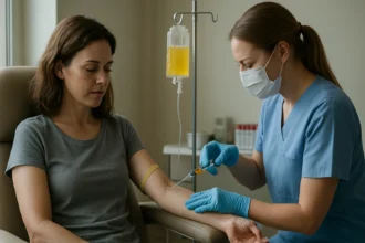 Žena podstupujúca terapiu krvnou plazmou v zdravotníckom zariadení.