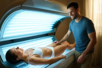 Žena relaxuje v soláriu, zatiaľ čo sa jej mužská priateľ stará o jej pohodlie.