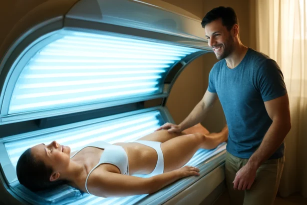 Žena relaxuje v soláriu, zatiaľ čo sa jej mužská priateľ stará o jej pohodlie.