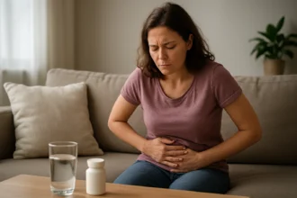 Žena trpiaca nadúvaním s pohárom vody a liekom na stole