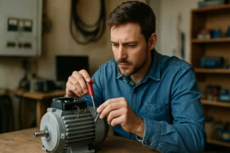 Muž skúma jednofázový motor v dielni, snaží sa ho opraviť.