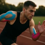 Športovec s kinesio tapom na ramene a predlaktí, bežiaci na atletickej dráhe.