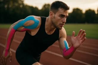 Športovec s kinesio tapom na ramene a predlaktí, bežiaci na atletickej dráhe.