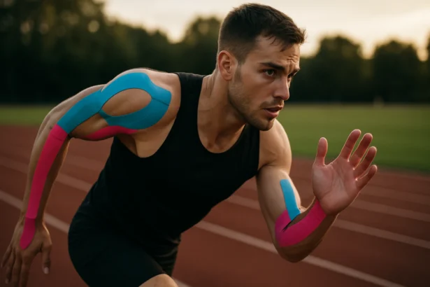 Športovec s kinesio tapom na ramene a predlaktí, bežiaci na atletickej dráhe.