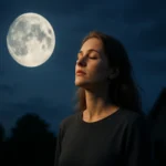 Žena meditujúca pod splnom mesiaca v nočnej oblohe.
