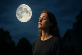 Žena meditujúca pod splnom mesiaca v nočnej oblohe.