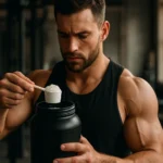 Muž s načerpaním glutamínu v posilňovni pre podporu svalového rastu