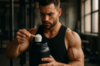 Muž s načerpaním glutamínu v posilňovni pre podporu svalového rastu