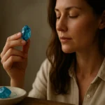 Žena skúša modrý topás, symbol komunikácie a vnútorného pokoja.