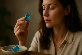 Žena skúša modrý topás, symbol komunikácie a vnútorného pokoja.