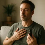 Muž relaxujúci s esenciálnym olejom v ruke.