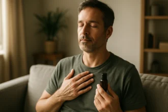 Muž relaxujúci s esenciálnym olejom v ruke.