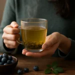 Čaj z listov čučoriedky v sklenej šálke s čučoriedkami na stole