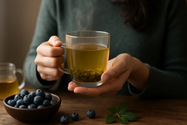 Čaj z listov čučoriedky v sklenej šálke s čučoriedkami na stole