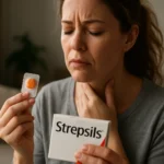 Žena trpiaca bolesťou hrdla s tabletou Strepsils v ruke.
