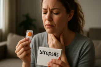 Žena trpiaca bolesťou hrdla s tabletou Strepsils v ruke.
