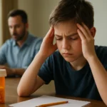 Chlapec s ADHD zažíva ťažkosti pri učení, vedľa je liek Ritalin.