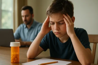 Chlapec s ADHD zažíva ťažkosti pri učení, vedľa je liek Ritalin.