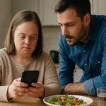 Dvojica ľudí skúmajúca mobilný telefón pri jedle