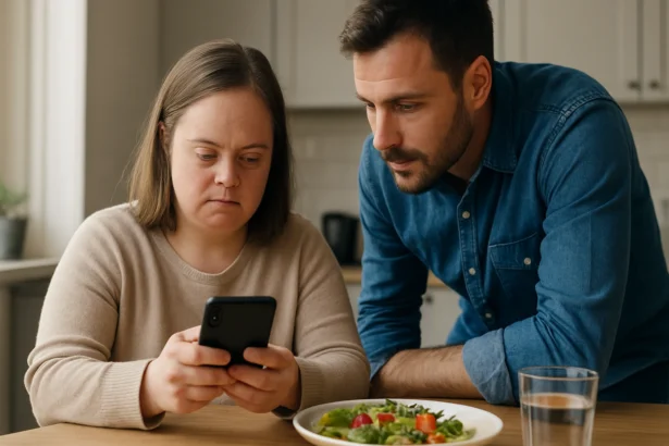 Dvojica ľudí skúmajúca mobilný telefón pri jedle