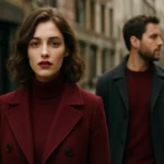 Elegantný pár v bordových odevoch na ulici