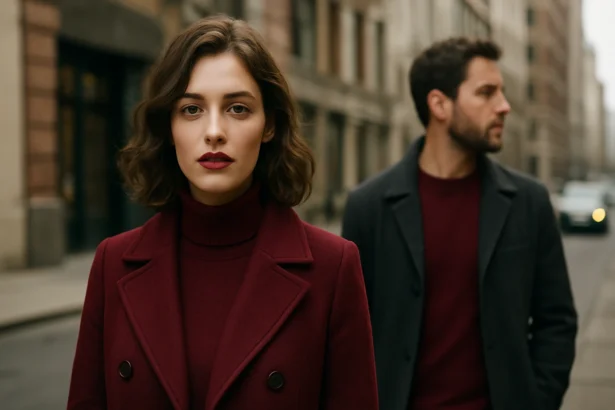 Elegantný pár v bordových odevoch na ulici