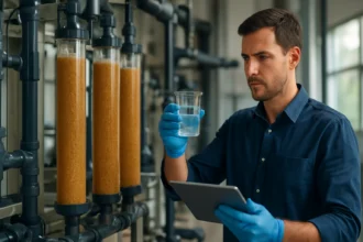 Muž skúmajúci kvalitu vody s iónomeničmi vo vodnom hospodárstve.