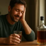 Muž na chvíľu relaxuje s pohárom whisky a úsmevom.