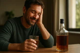 Muž na chvíľu relaxuje s pohárom whisky a úsmevom.