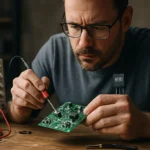 Inžinier pracuje na elektronickej doske s komponentom TL431