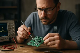 Inžinier pracuje na elektronickej doske s komponentom TL431