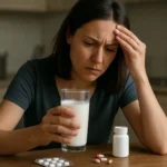 Žena s pohárom mlieka a liekmi, zamyslená nad zdravím.