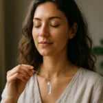 Žena s krištáľovým náhrdelníkom, prežívajúca energetický boost.