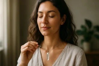 Žena s krištáľovým náhrdelníkom, prežívajúca energetický boost.