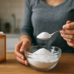 Žena s lyžicou sódy bikarbóny nad misou