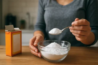 Žena s lyžicou sódy bikarbóny nad misou