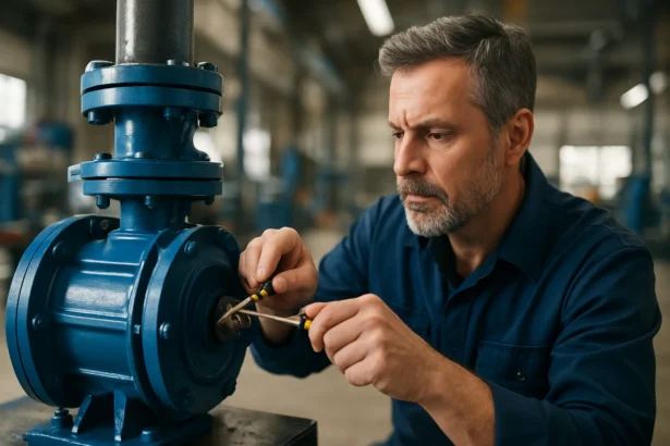 Oprava viacstupňového čerpadla profesionálom v priemyselnom prostredí.