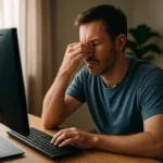 Muž trpiaci stresom a únavou pri počítači v domácom prostredí.