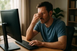 Muž trpiaci stresom a únavou pri počítači v domácom prostredí.