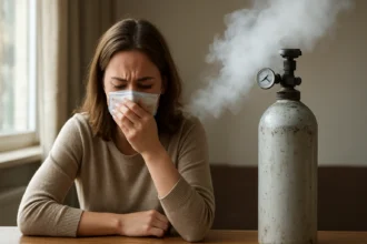 Žena v maske s ťažkým dýchaním a oxidačným zdrojom