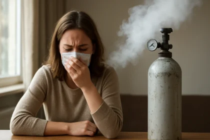 Žena v maske s ťažkým dýchaním a oxidačným zdrojom