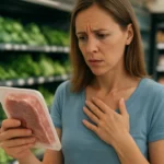 Žena v obchode skúma balenie mäsa a zamyslene sa zamýšľa nad jeho zložením.