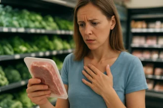 Žena v obchode skúma balenie mäsa a zamyslene sa zamýšľa nad jeho zložením.